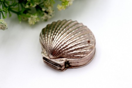 Caixa de comprimidos em prata em forma de concha com relevos e tampa basculante